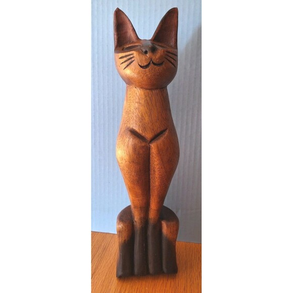 Vtg MCM Carved Wood Cat Figure Statue Sculpture Figurine 15" Made In Thailand - Picture 3 of 10